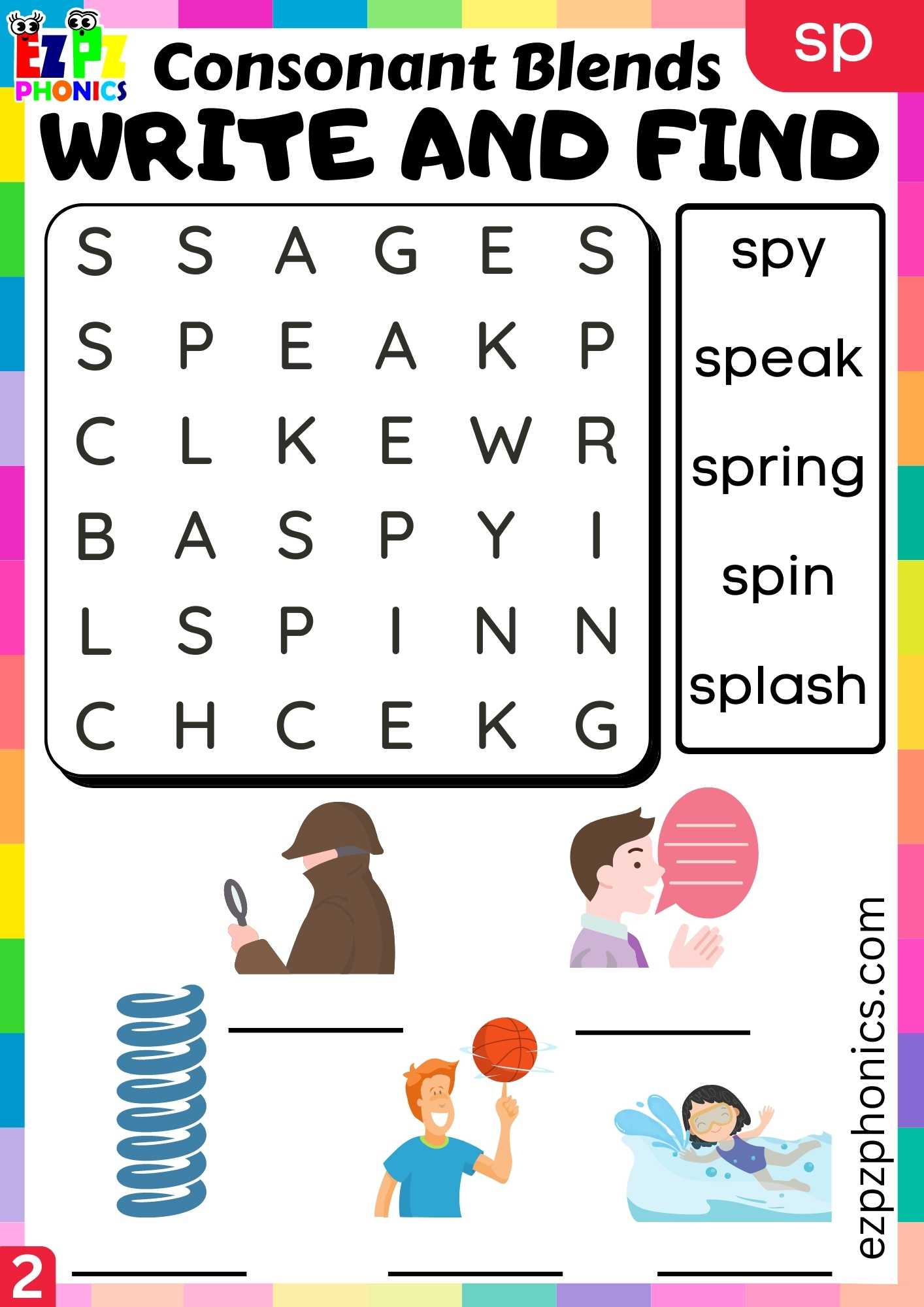 Group2 SP Words Write And Find Phonics Consonant Blends Worksheet